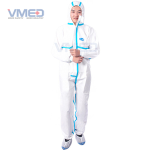 Wegwerp witte microporeuze beschermende overall met blauwe stroken